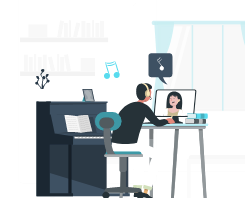 Illustration of a piano and a person sitting at a computer