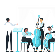 Illustration of a conductor, violin player, cello player and a bass player