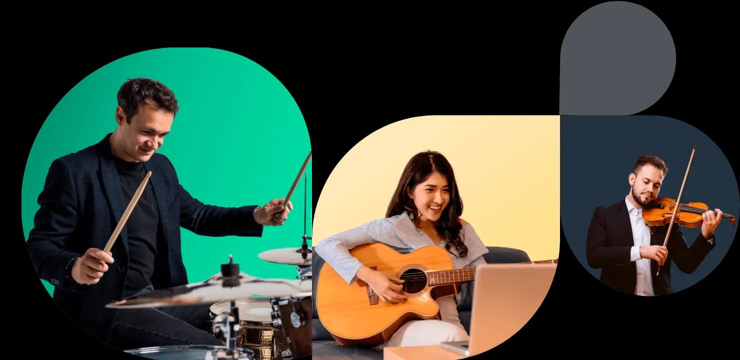 Featured Tissimo music teachers playing guitar, drums, violin, and other instruments