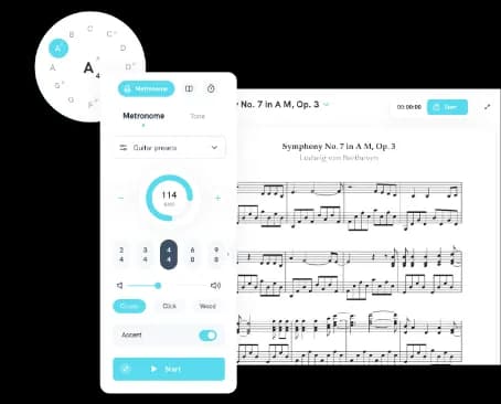 Illustration of Tissimo's music practice tools with annotated sheet music