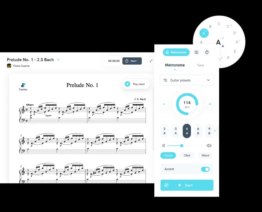 Illustration of Tissimo's music practice tools with annotated sheet music