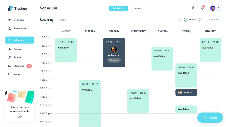 Screenshot of Tissimo's lesson scheduling tools for music teachers